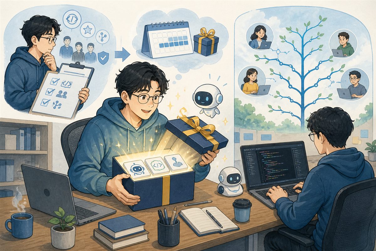 오픈소스 메인테이너가 여러 사람과 함께 작업하는 모습을 그린 일러스트