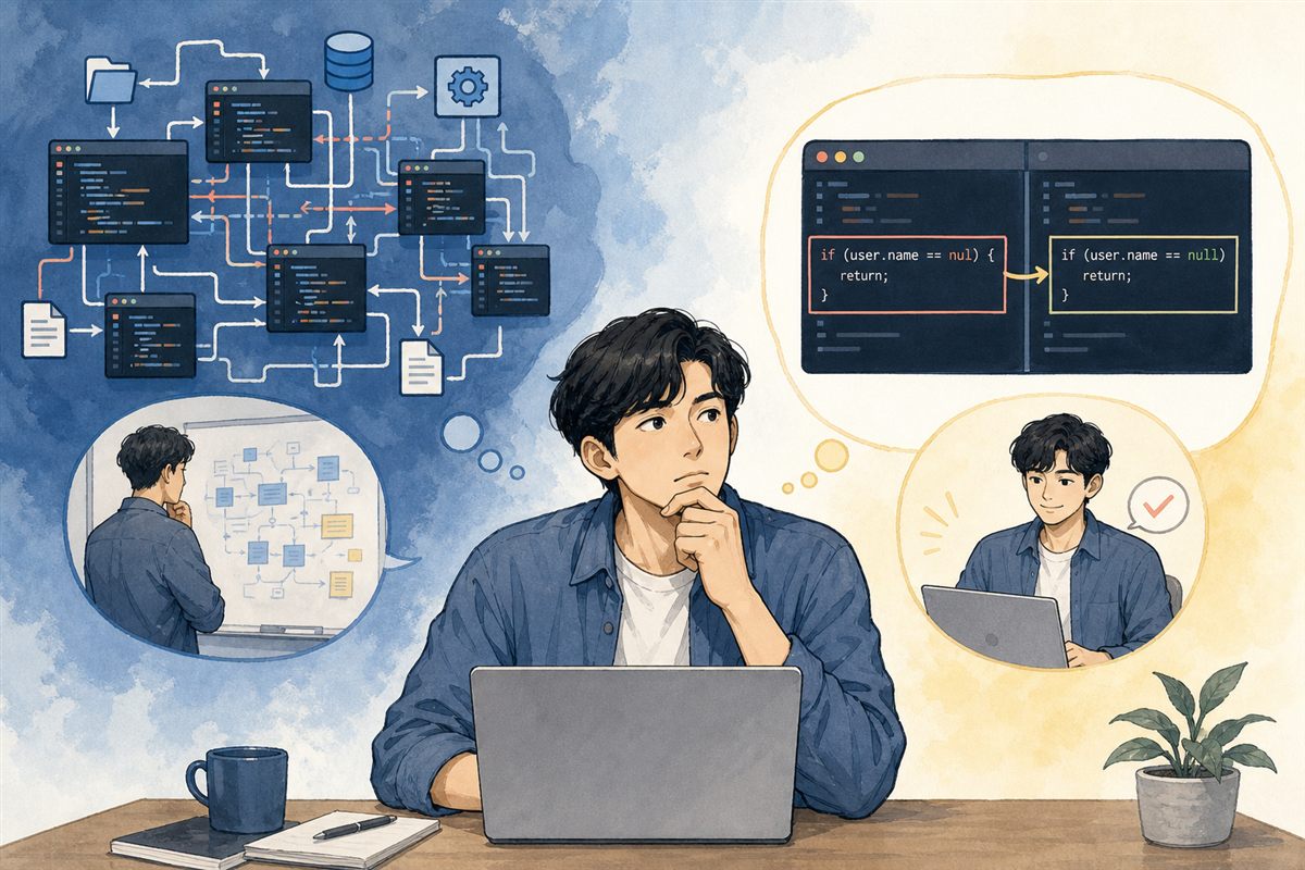 고민하는 표정으로 노트북 앞에 앉은 장면을 그린 일러스트